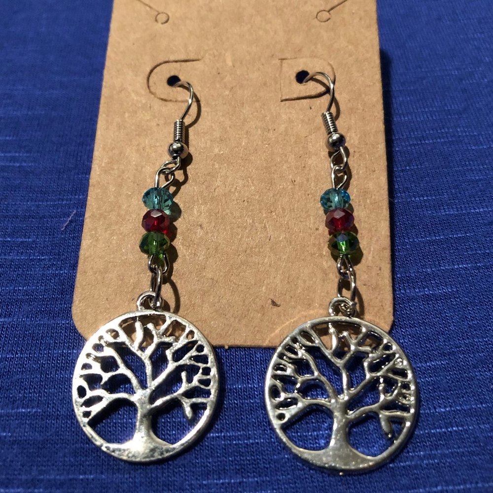 Multi Color Beaded Silver Tree Dangle Earrings